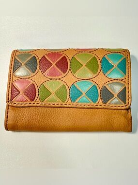 Fossil Vintage Leather Patchwork Boho Geometric Multicolor Trifold Wallet